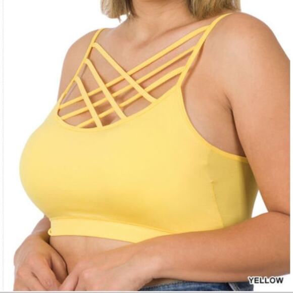 1X/2X Yellow Triple Criss Cross Bralette with bra pads Zenana wireless seamless - Picture 16 of 16